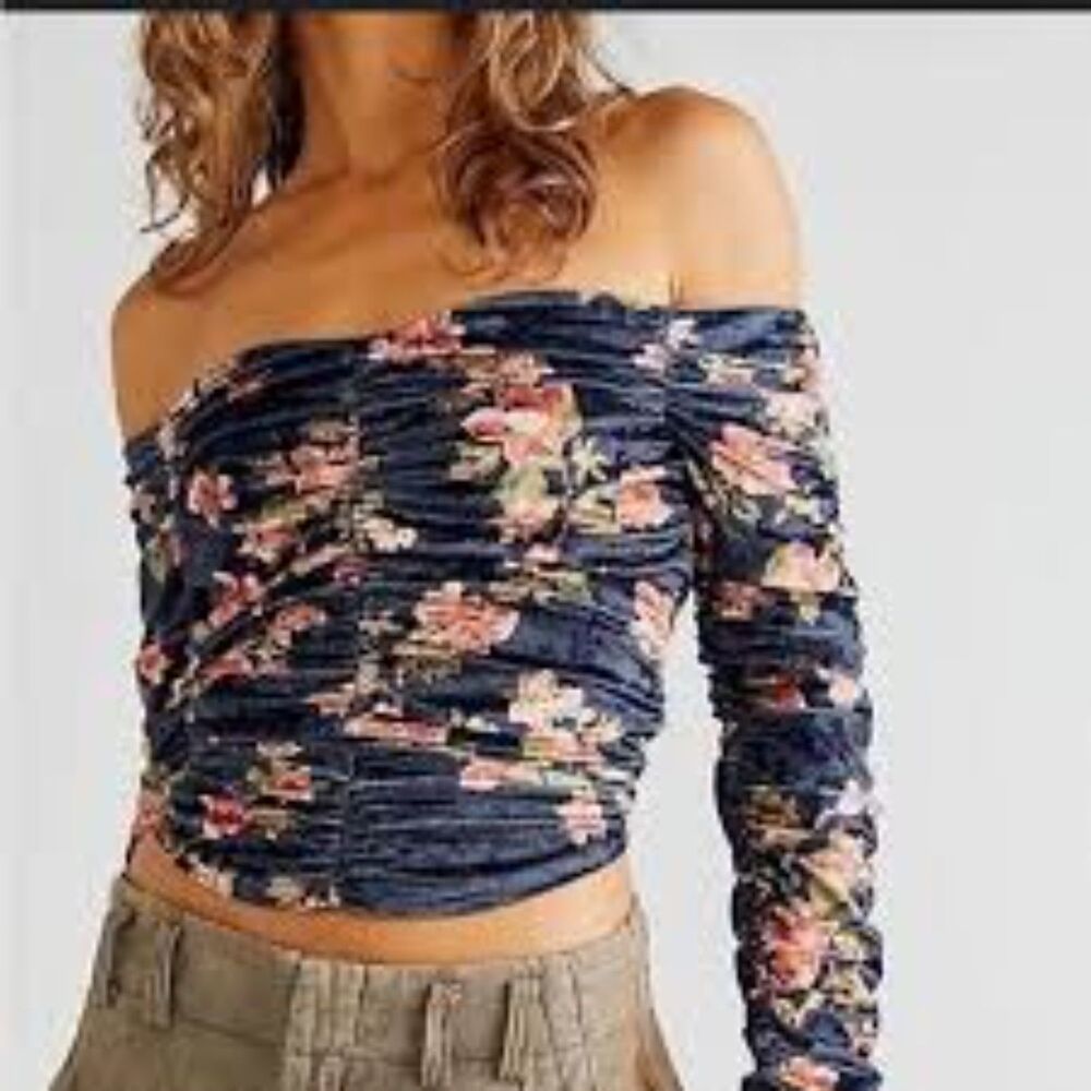 New NWT Free people Large Ruche Long sleeve floral Top Velvet Reina